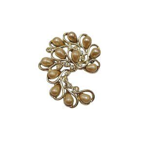 Sarah Coventry Faux Pearl Rhinestone Honey Bunch 1960s Brooch Pin Gold Tone